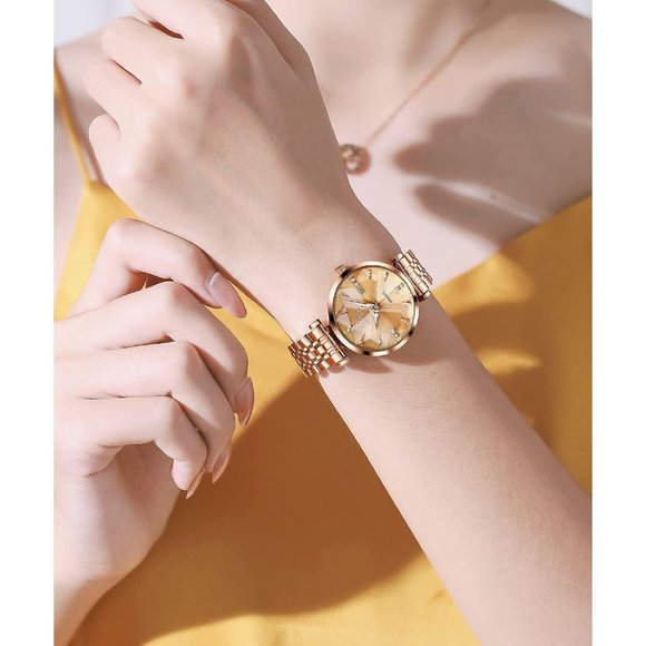 Women Yellow Rose Gold Stainless Steel Band Quartz Small Face Waterproof Watches
